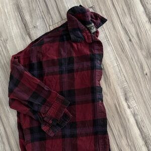 French Connection Burgundy and Black Plaid Button-Up Plaid Shirt